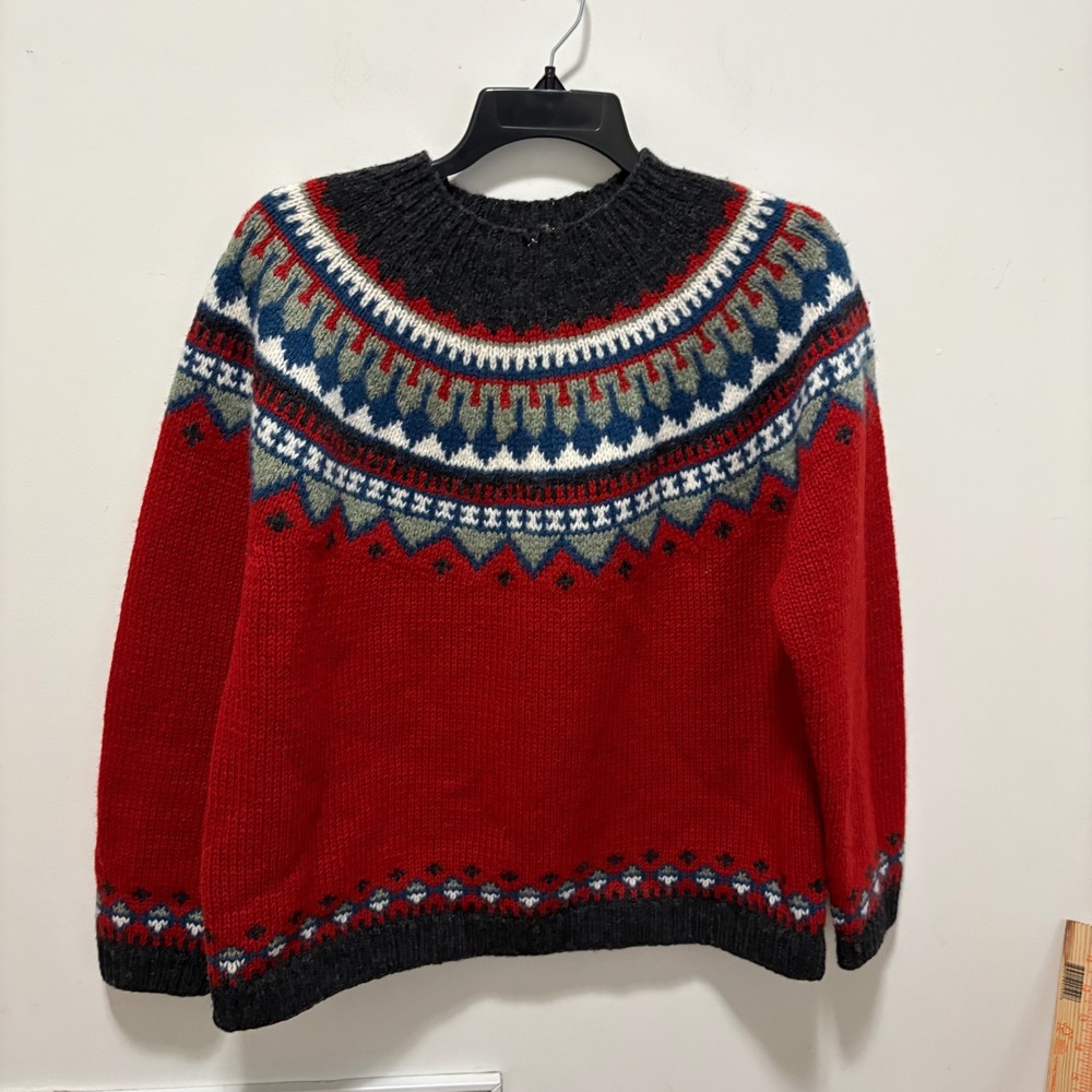 Eddie Bauer Fair Isle Wool Sweater Womens Red Large Nordic Pullover